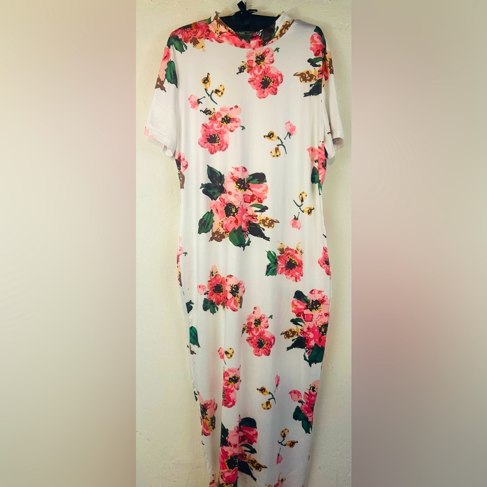 SHEIN White Floral Maxi Dress with Pink & Green Print